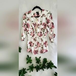 Flower Half Zip Blouse with Elastic Waistband and Button Tab Sleeves